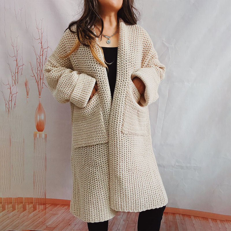 EB | Lange Strickjacke mit Taschen Chunky Strick Weiche und Lässige Silhouette