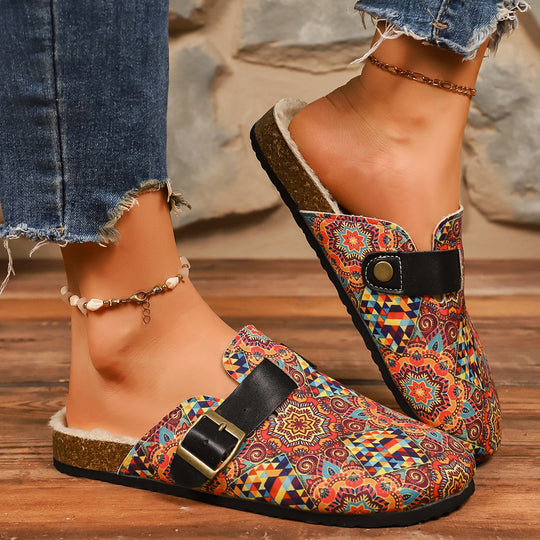 Damen Pantoletten mit farbenfrohem Muster und komfortablem Fußbett EB