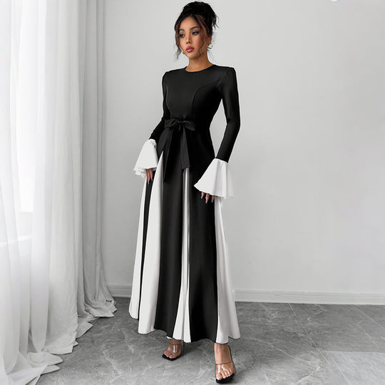 Damen Abendkleid mit tailliertem Corsagen-Oberteil, langen Ärmeln und kontrastierenden Volantmanschetten EB