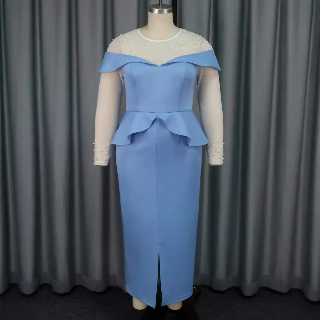 Damen elegantes Midi-Kleid mit schulterfreiem Design und Rüschenelement EB