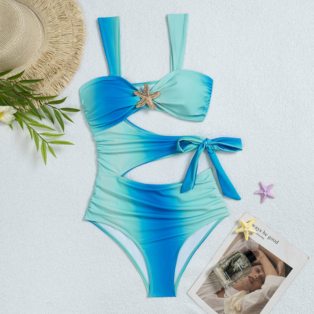 Damen Hochgeschnittener Bikini mit Raffungen und dekorativem Muschelanhänger EB
