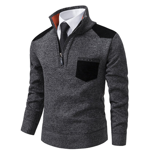Herren elegante Strickpullover mit halben Reißverschluss und praktischem Taschenlayout EB