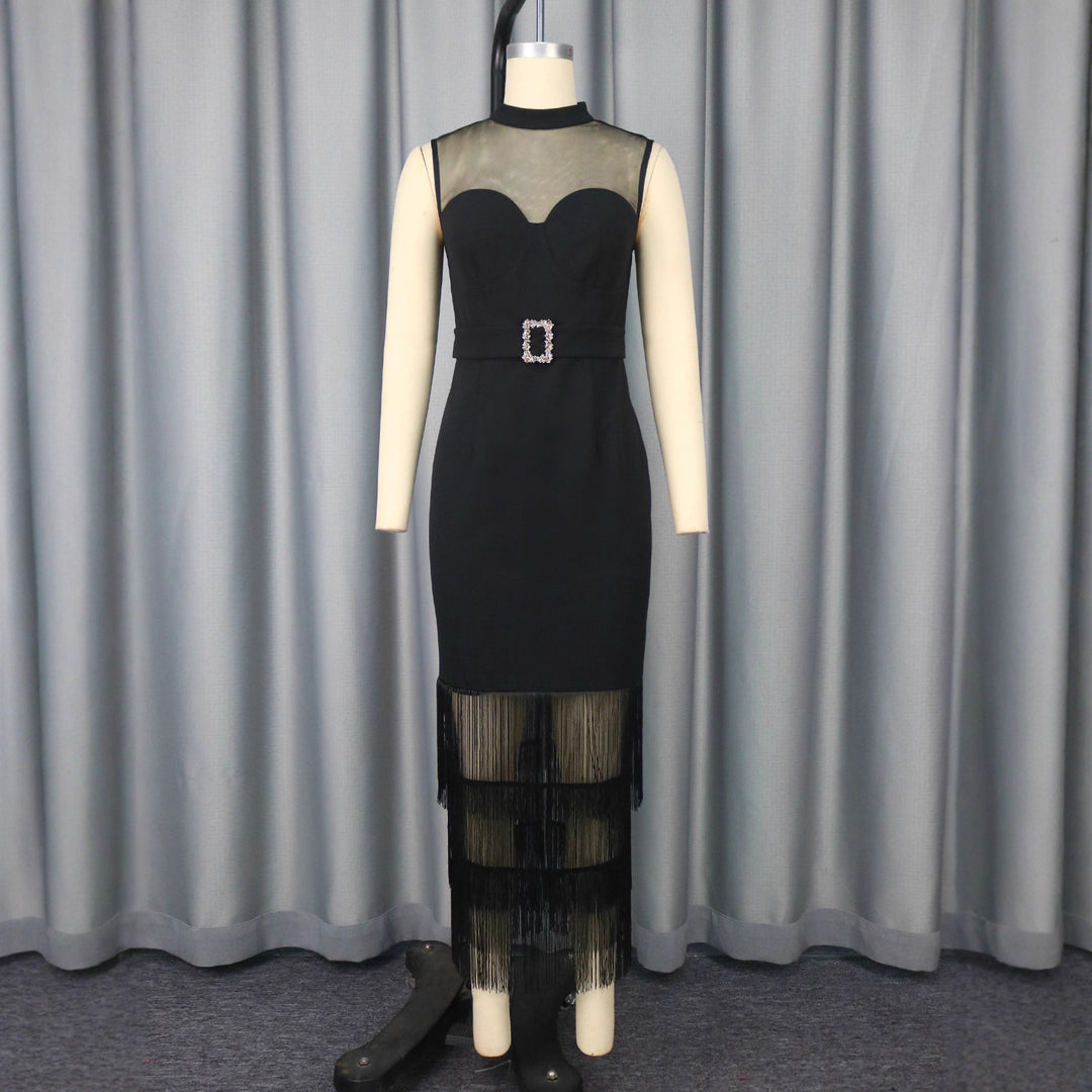 Damen Glamouröses Cocktailkleid mit transparentem oberen Einsätzen und Fransen EB
