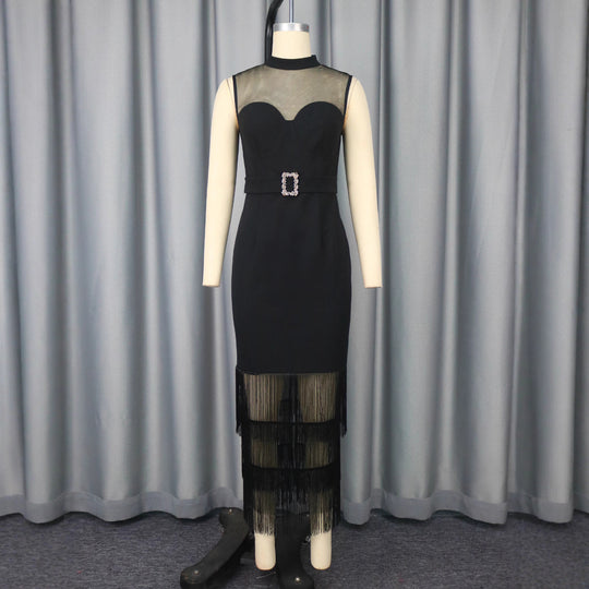 Damen Glamouröses Cocktailkleid mit transparentem oberen Einsätzen und Fransen EB