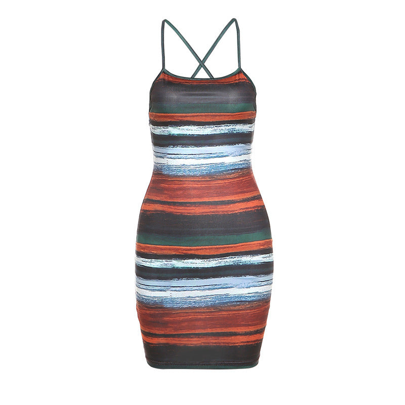 Damen Figurbetontes Spaghettiträger Kleid mit Streifenmuster EB