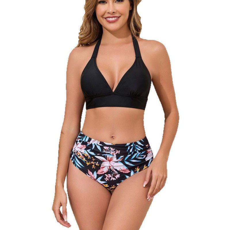 Damen Hochtailliertes Bikini-Set mit floralem Design und Halterneck EB