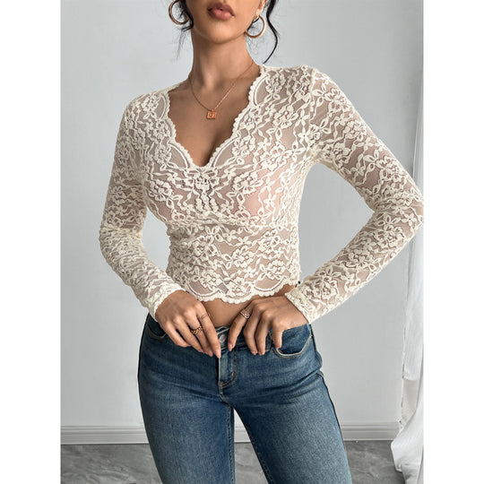 Damen transparenter Longsleeve aus Spitze EB