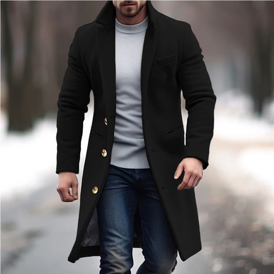 Herren eleganter langes Wollmantel mit schmalem Schnitt und goldenen Knöpfen EB