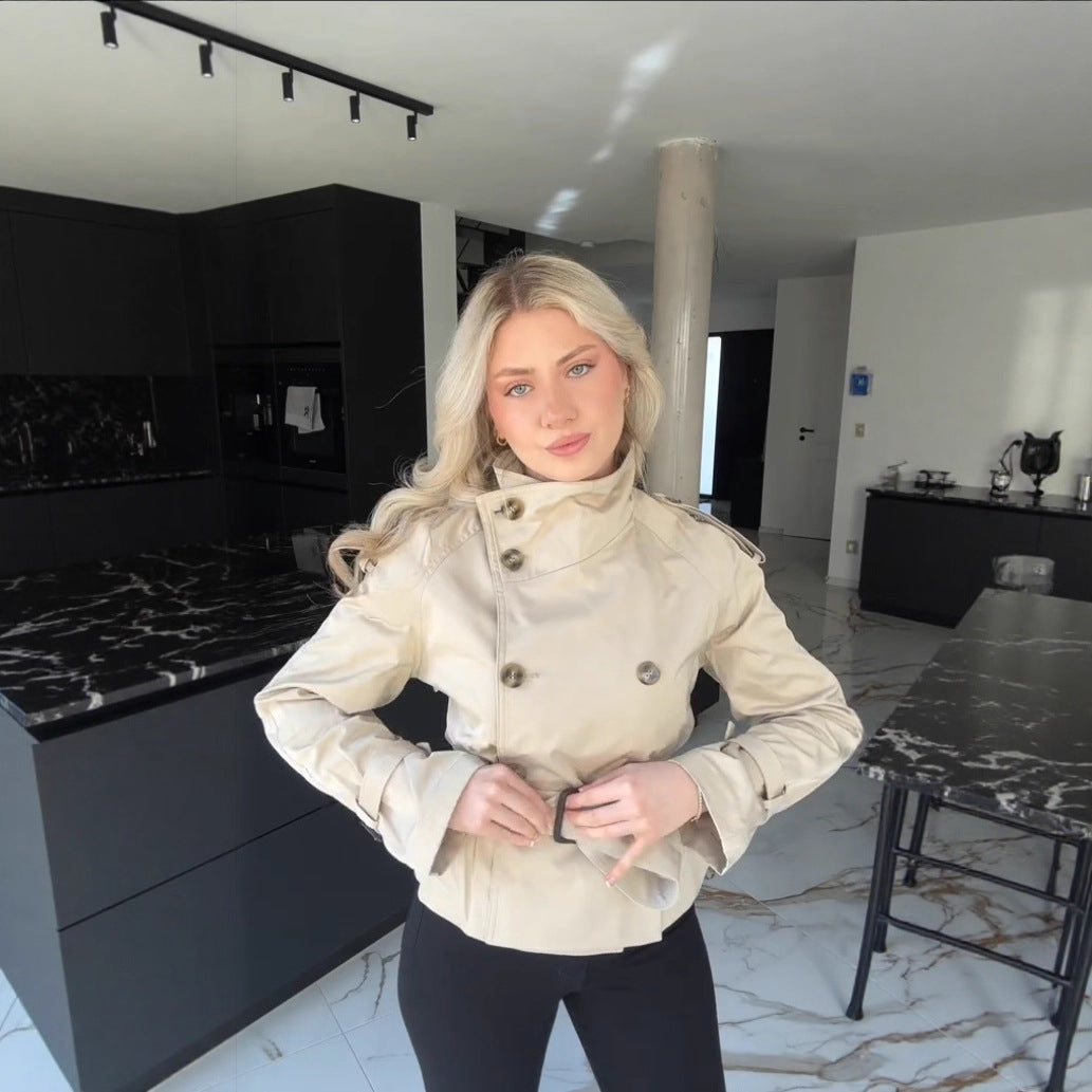 Damen Modischer Trenchcoat mit hohem Kragen und praktischen Seitentaschen EB