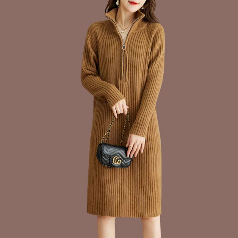 Damen Strickkleid mit steigendem Kragen und strukturierter Ripp-Optik EB