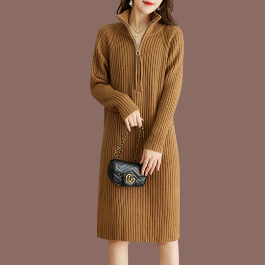 Damen Strickkleid mit steigendem Kragen und strukturierter Ripp-Optik EB