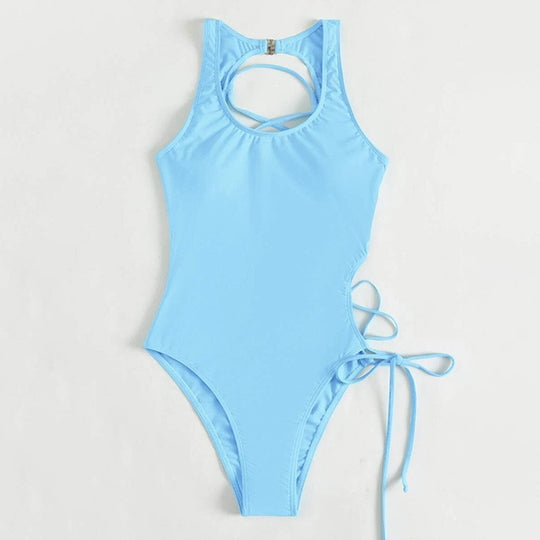 Damen sportlicher Einteiler Badeanzug mit raffiniertem Rückendesign EB