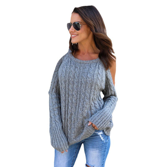 Damen Strickpullover mit offenen Schultern und Zopfmuster EB