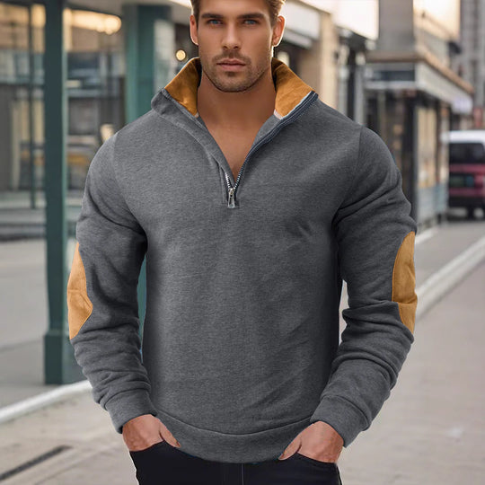 Herren nan Kurzzip-Stehkragenpullover mit Kontrastkragen und Wildleder-Ellenbogenpatches EB
