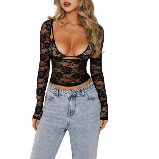 Damen Transparente Spitzenbluse mit tiefem V-Ausschnitt und Cut-Out-Details EB