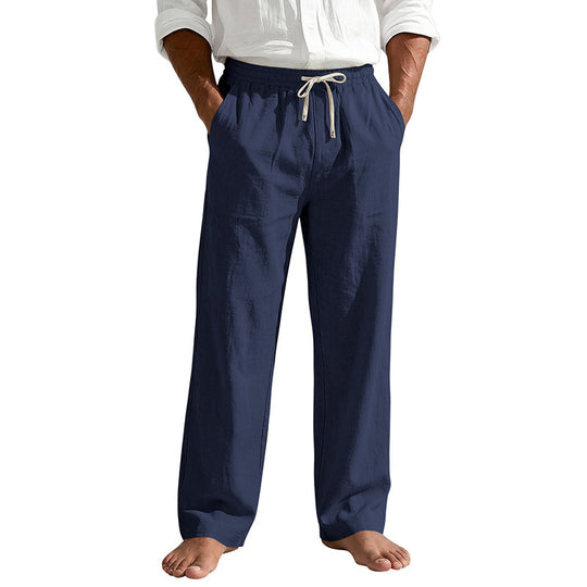 Herren Leinenoptik Relaxhose mit elastischem Bund, Tunnelzug und Seitentaschen EB