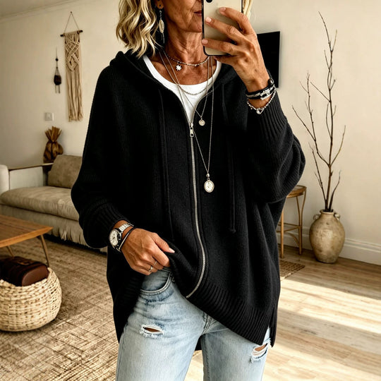 Damen Oversize Kapuzen-Zip-Cardigan aus weichem Feinstrick EB