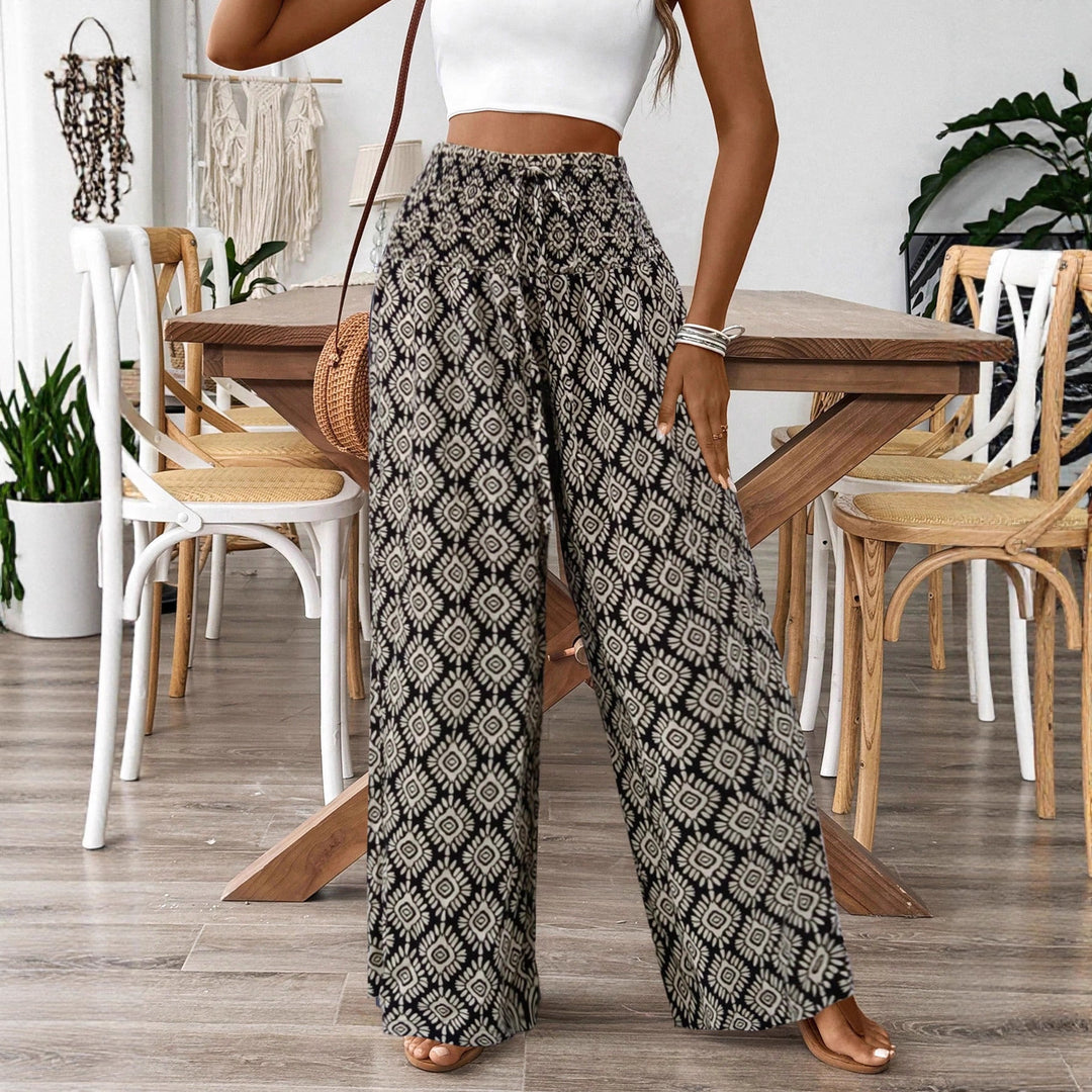 Damen Weitgeschnittene Palazzohose mit elastischem Bund und verspieltem Muster EB