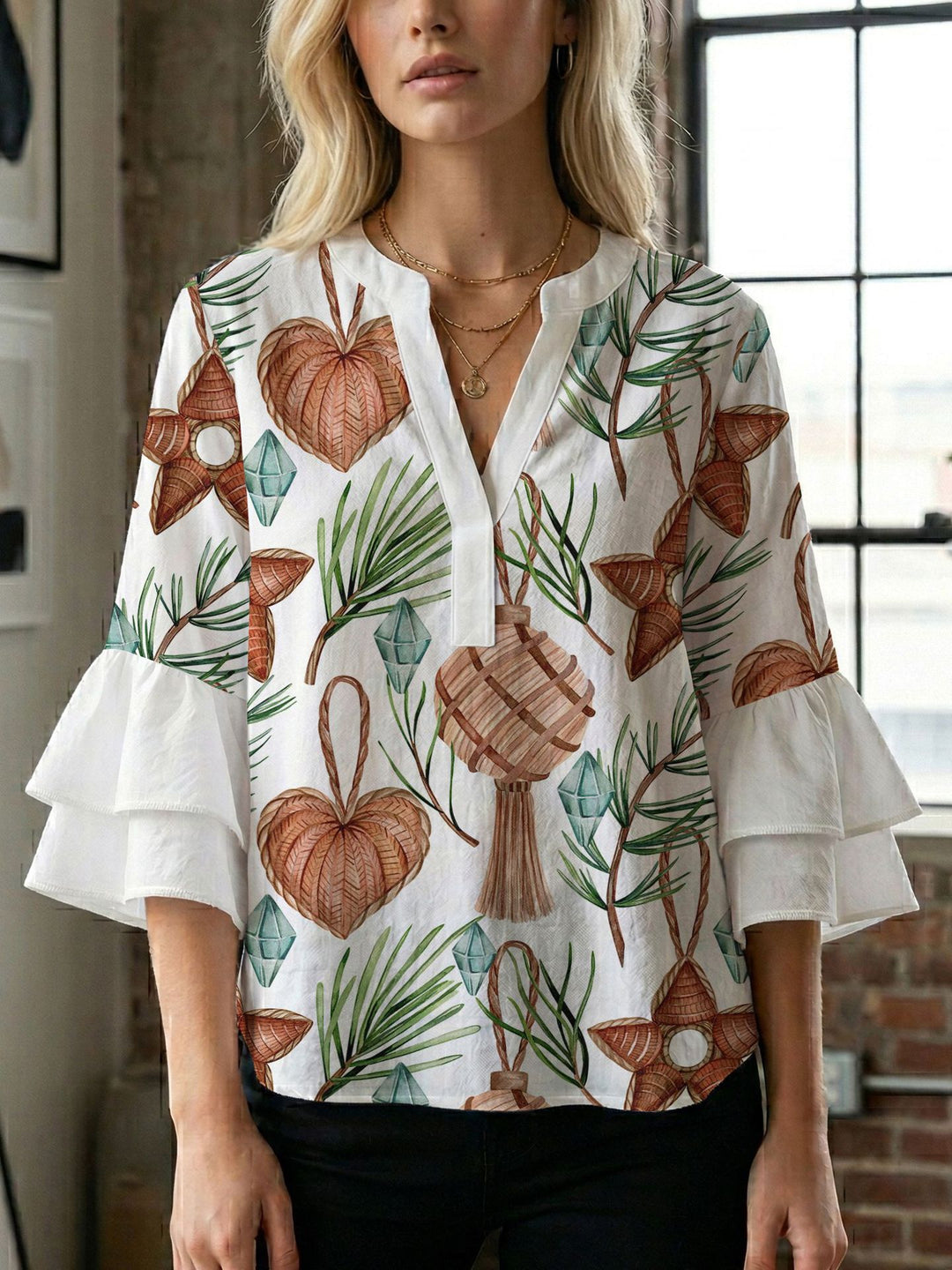 Damen Blusenshirt mit voluminösen Ärmeln und kreativem Druckdesign EB