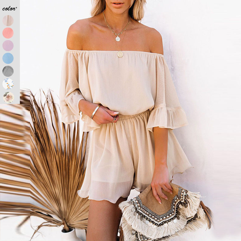 Damen Off-Shoulder Jumpsuit mit voluminösen Rüschensleeves EB