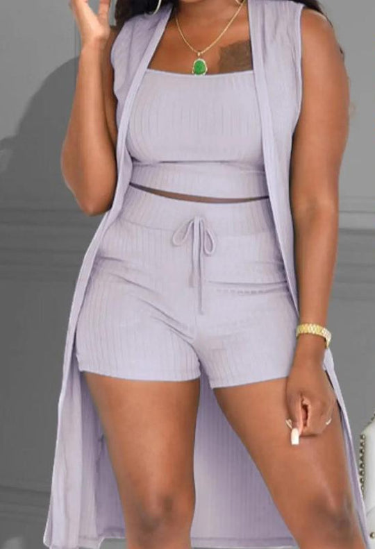 Damen lässiges 3-teiliges Set bestehend aus Crop-Top, Shorts und langem Cardigan EB