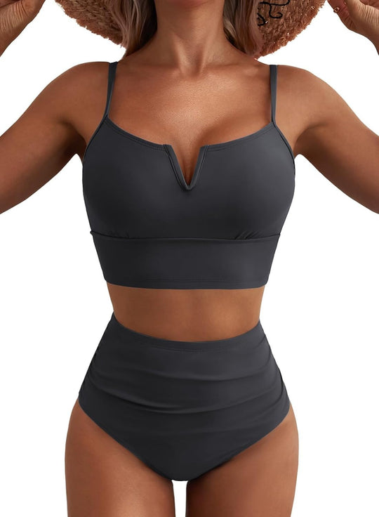 Damen Hochtailliertes Bikini-Set mit V-Ausschnitt und breiten Trägern EB