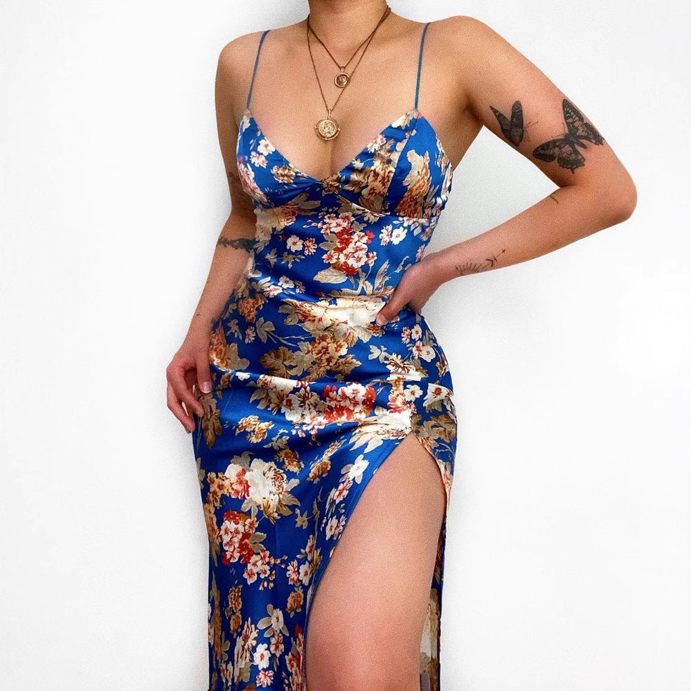 Damen Maxikleid mit tiefem V-Ausschnitt und elegantem Schlitz EB
