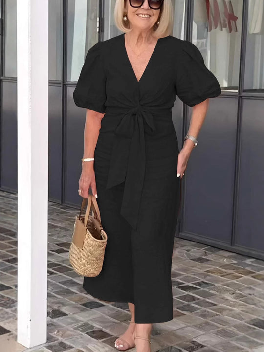 Damen Maxikleid mit eleganten Puffärmeln und Taillenknoten EB