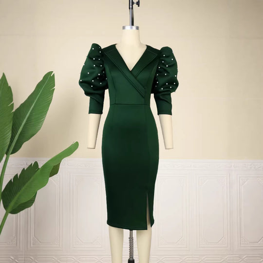 Damen figurbetontes Kleid mit eleganten Puffärmeln und Schlitz EB