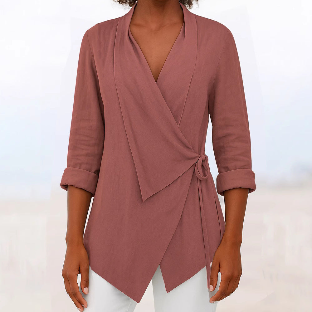 Damen Asymmetrische Wickelbluse mit Schalkragen und 3/4-Ärmeln EB