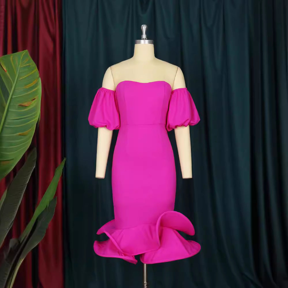 Damen Figurbetontes Abendkleid mit voluminösen Puffärmeln und Rüschenabschluss EB