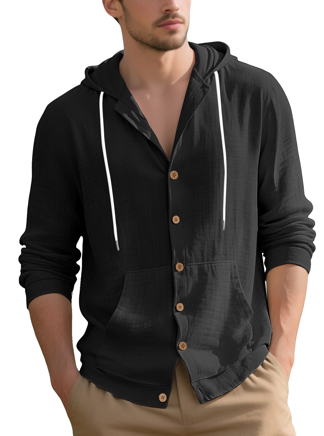 Herren nan leichtes Kapuzen-Übershirt im Crinkle-Look mit Holzknopfleiste und Kängurutasche EB