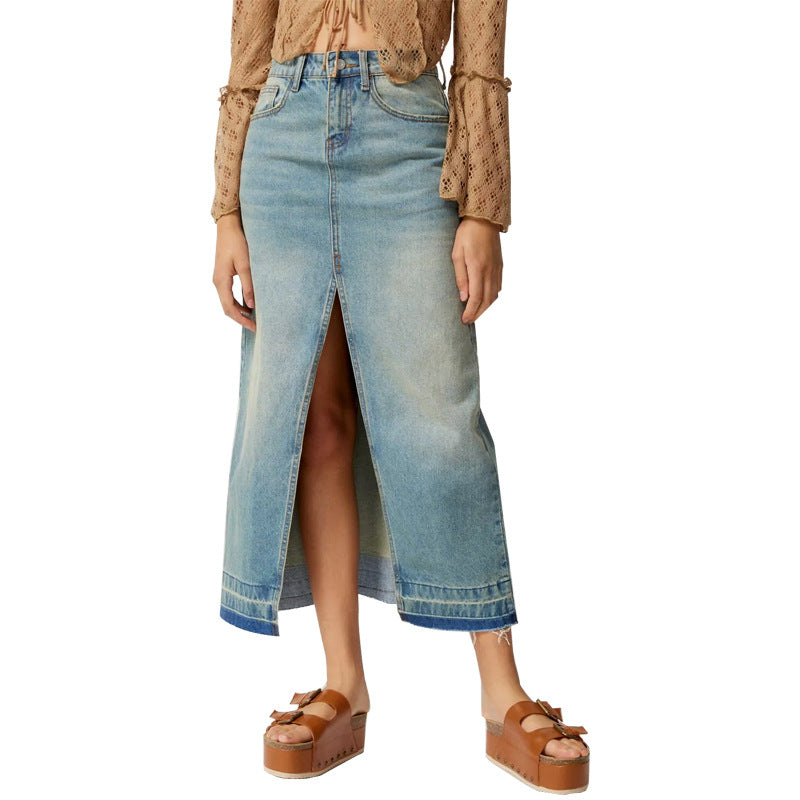 Damen Langer Denim-Rock mit Schlitz und moderner Waschung EB