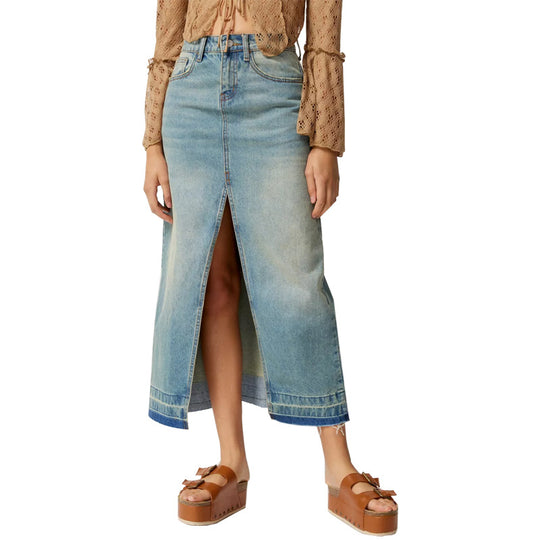 Damen Langer Denim-Rock mit Schlitz und moderner Waschung EB