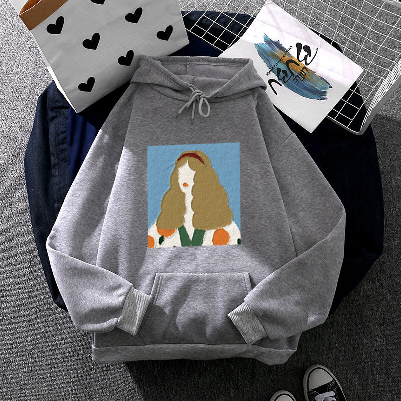 Damen nan Kapuzenpullover mit kunstvoller Chenille-Stickerei im Portraitstil und Kängurutasche EB