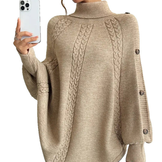 Damen Eleganter Strickponcho mit Rollkragen und Zopfmuster EB