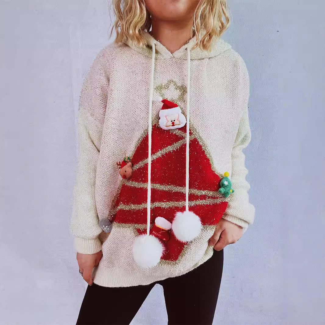 Damen festlicher Hoodie mit weihnachtlichem Motiv und 3D-Applikationen EB