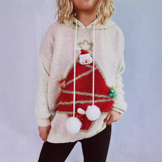 Damen festlicher Hoodie mit weihnachtlichem Motiv und 3D-Applikationen EB