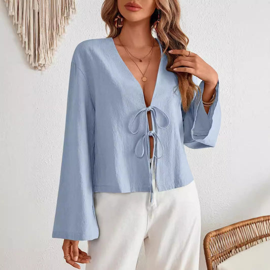 Damen lässige Bluse mit tiefem V-Ausschnitt und schnürbarem Detail EB