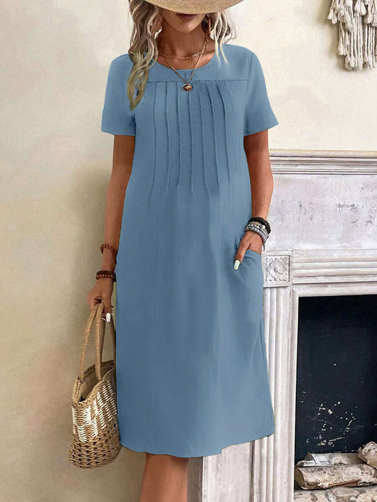 Damen lässiges Midi-Kleid mit Falten-Design und praktischen Taschen EB