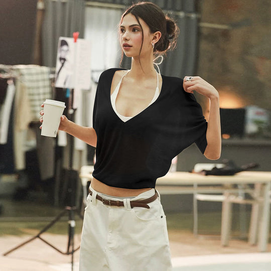 Damen Oversize T-Shirt mit tiefem V-Ausschnitt EB