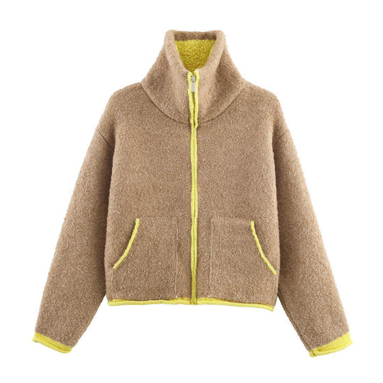 Damen nan kurze Fleecejacke mit hohem Stehkragen, durchgehendem Reißverschluss und aufgesetzten Taschen EB