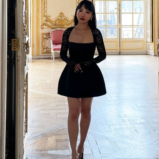 Damen Elegantes Kleid mit Spitzenärmel und fließendem Rock EB