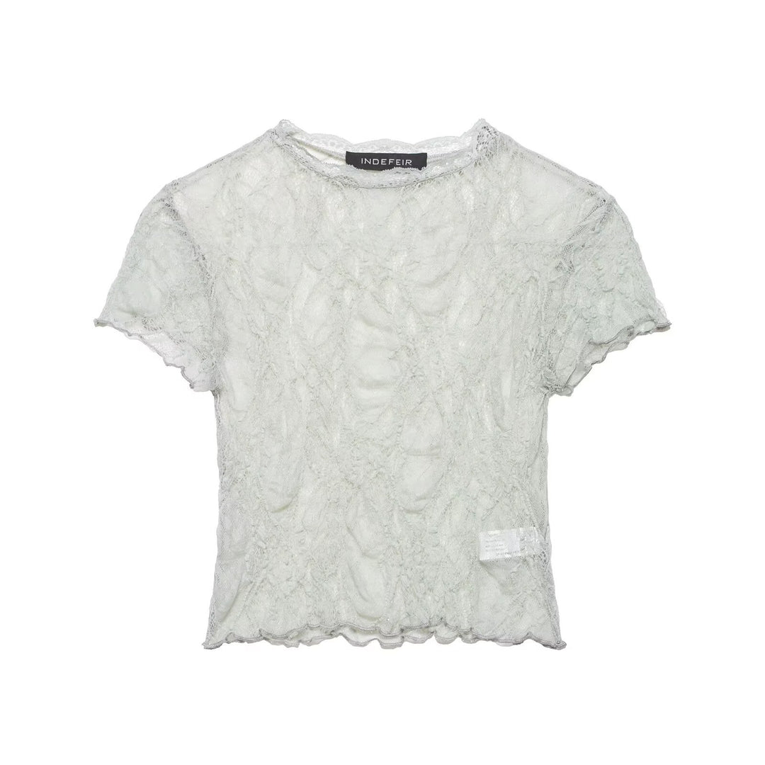 Damen Spitzen-Crop-Top mit feiner Struktur und voluminösen Ärmeln EB