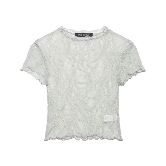 Damen Spitzen-Crop-Top mit feiner Struktur und voluminösen Ärmeln EB