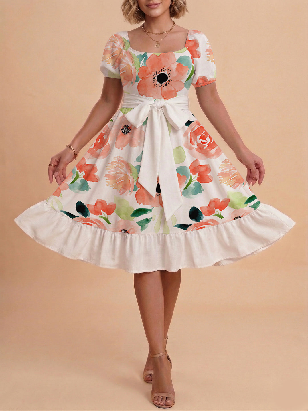 Damen Sommerliches Blumenkleid mit taillierbarem Gürtel und voluminösen Ärmeln EB