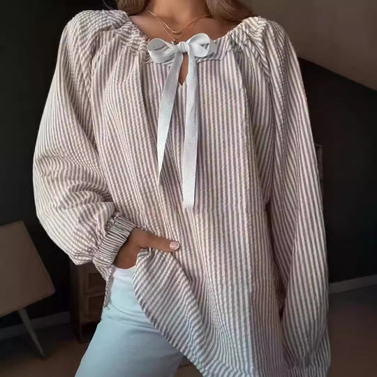 Damen Blusenshirt mit elastischem Puffärmel und dekorativem Bindeband EB