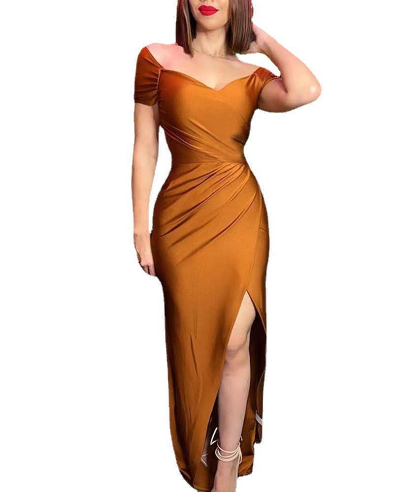 Damen elegantes Maxikleid mit asymmetrischem Schnitt und schimmerndem Effekt EB