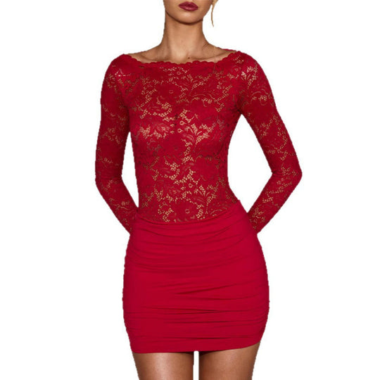Damen Schicker Spitzen-Bodys mit langen Ärmeln und figurbetontem Rock EB