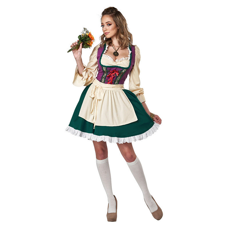 Damen nan traditionelles Dirndlkleid mit Schürze, geschnürter Corsage und Volantärmel EB